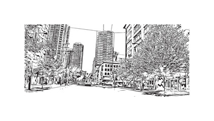 Print Building view with landmark of Vancouver is the city in Western Canada. Hand drawn sketch illustration in vector.