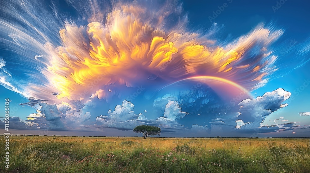 Poster clouds in swirling rainbow colors over field.