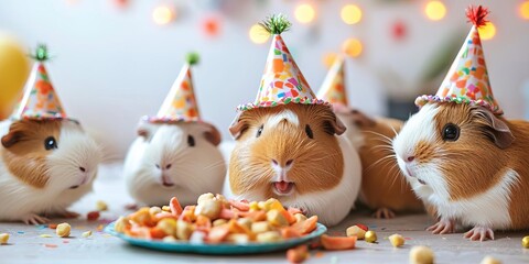 Obraz premium A group of guinea pigs in party hats enjoying a tiny feast, a quirky and joyful scene, adorable pets, celebration fun