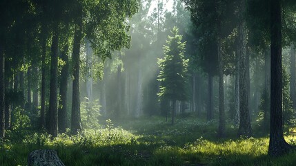 Obraz premium A serene forest scene illuminated by soft light, showcasing nature's tranquility.