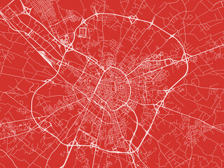 Christmas Map of Lecce, Italy in Snowy White on Festive Red Background.