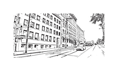 Print Building view with landmark of Vancouver is the city in Western Canada. Hand drawn sketch illustration in vector.