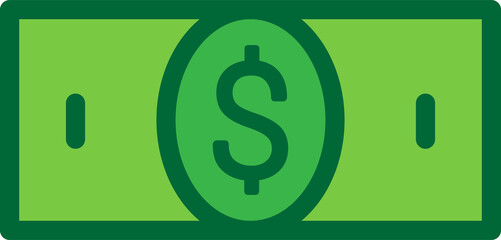 Minimalistic dollar bill icon in shades of green with a central dollar sign ($) and vertical ovals.
