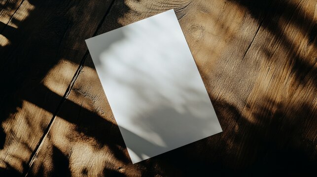 A4 paper on dark brown table, casting sharp shadows across table and paper