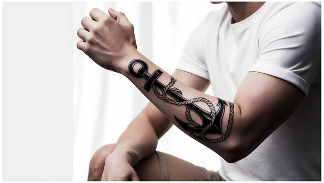 A man showing his Tattoo of a ship anchor on a his right arm with muscular features
