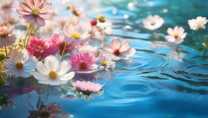 夏の日差しを受けて水面に浮かぶ美しい花々