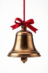 Christmas bell with red ribbon, white background.