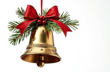 Christmas bell with red ribbon, white background.