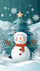 Fototapeta premium Christmas greeting card vector poster set. Christmas tree, snowman, deer and hanging xmas elements in paper cut template backdrop 