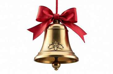 Christmas bell with red ribbon, white background.
