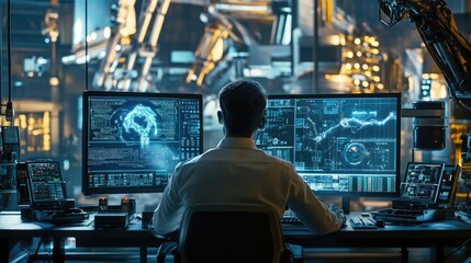 Engineer using AI system to control production mechanism, back view 