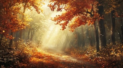 Obraz premium A serene autumn forest path illuminated by sunlight, showcasing vibrant fall foliage.