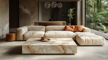 Obraz premium Luxurious contemporary living room interior featuring a plush cream sofa, elegant marble coffee table, and warm earth tones surrounded by natural greenery and large windows.