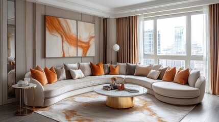 Modern Elegant Living Room with Curved Sofa, Stylish Decorative Pillows, and Chic Art in Warm Tones for a Sophisticated Interior Design Appeal