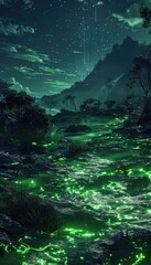 Glowing River Winding Through a Silhouetted Forest Under a Starry Night Sky