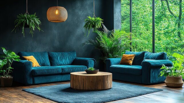 Modern Living Room Interior Design with Cozy Furniture, Green Plants, and Large Windows Overlooking Lush Nature for a Serene Ambiance