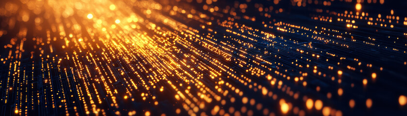 Fototapeta premium Bitcoin Data Flow Concept. A dynamic burst of golden sparks radiates against a dark background, creating a mesmerizing effect of light and movement.