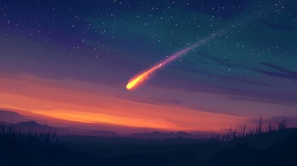 Fiery Meteor Streaking Across Sunset Sky Over Mountains