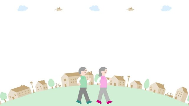 Power walking senior couple animation on cityscape background (10 seconds loop)