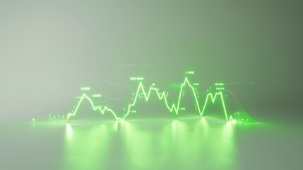 Obraz premium Glowing green neon financial chart on a minimalist background, representing growth, investment, and success. The bright lines and sharp peaks suggest market dynamics and economic trends, ideal for