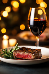 Perfectly grilled medium rare steak plated on a modern luxury plate, paired with red wine, warm restaurant setting, ultrarealistic