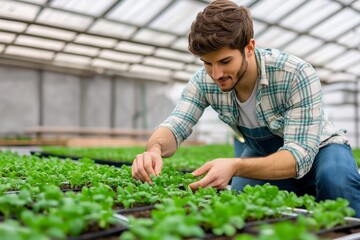 Young Man Tending to Plants in a Greenhouse: Modern Gardening and Sustainable Agriculture
