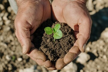 Nurturing Growth: Hands Holding Seedling in Soil, Symbolizing Sustainability and New Beginnings