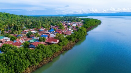 mangrove forest restoration concept, Coastal Village Rebuilding with Mangrove Barrier for Resilience