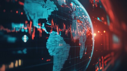 Global market data visualized on a digital world map with fluctuating stock charts.