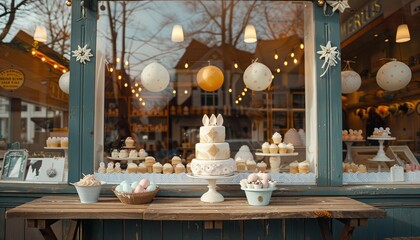 Fototapeta premium Charming bakery display showcasing easter pastries with pastel cakes and cupcakes in the window