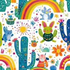 seamless pattern cactus graphic colorful, Cactus Doodle Seamless