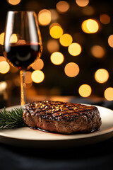 Grilled medium rare steak served on an artisanal plate, paired with red wine, luxury bistro background, ultrarealistic