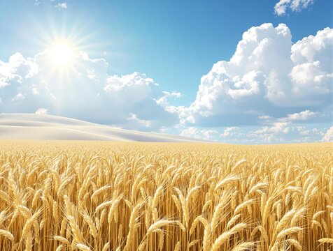 A picturesque golden wheat field stretches across the rolling hills, with a bright blue sky and fluffy white clouds drifting lazily by, hills, rural life, clouds