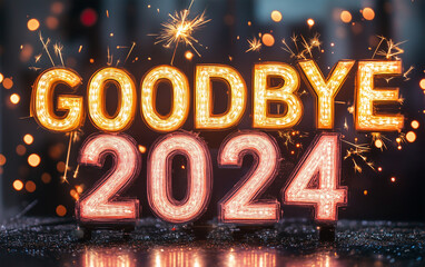 Golden and Pink 'Goodbye 2024' Neon Text