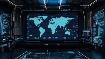 Futuristic Control Room with World Map and Data Screens
