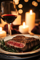 Succulent medium rare steak plated on a luxury dish with wine glass, surrounded by candlelit luxury setting, ultrarealistic