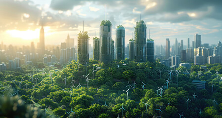 A futuristic city skyline with towering skyscrapers and wind turbines, set against the backdrop of...