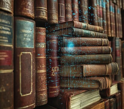 A stack of books with digital data flowing
