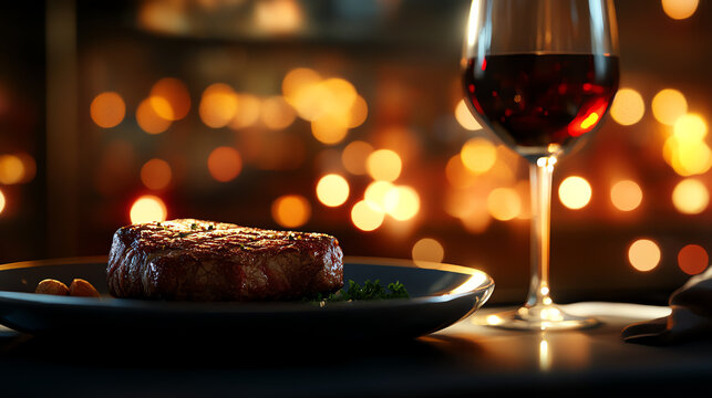 Medium rare steak glistening on a luxury ceramic plate, accompanied by wine glass, warm luxurious ambiance, ultrarealistic