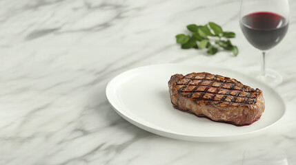 Perfectly grilled medium rare steak on a white porcelain plate, paired with red wine on a marble surface, soft ambient lighting, ultrarealistic