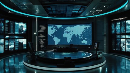 Modern Control Room with Digital World Map and Advanced Technology