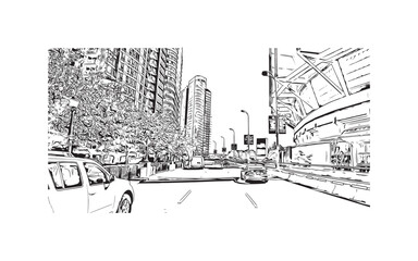 Print Building view with landmark of Vancouver is the city in Western Canada. Hand drawn sketch illustration in vector.