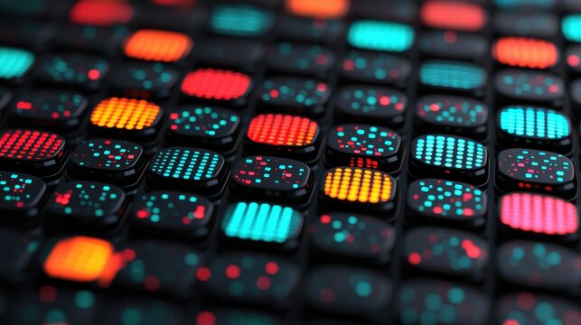 Colorful Digital Buttons with Dynamic Patterns and Light Effects on a Black Background Representing Modern Technology and Innovative Design