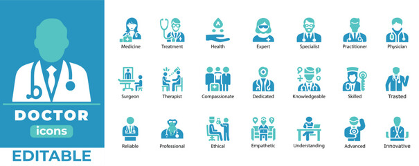 Fototapeta premium Professional doctor icon vector set featuring medical roles, healthcare, specialists, ethics, skills, innovation, and compassion. Fully editable. 