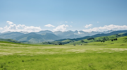 Serene Mountain Landscape with Lush Green Fields
