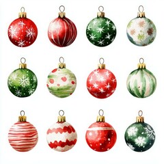 Set of watercolor Christmas balls on white background