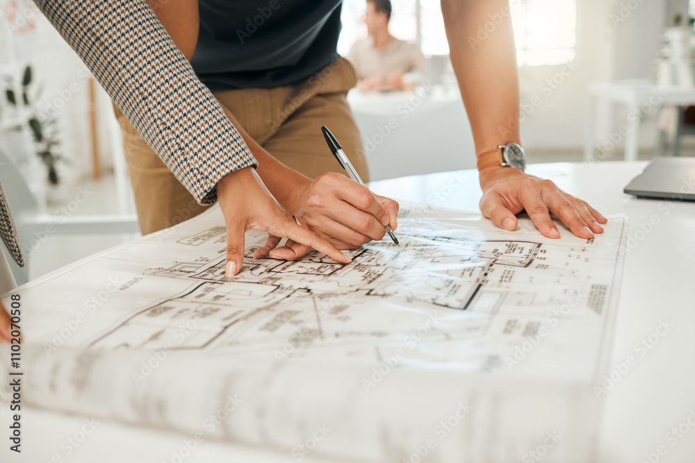 Poster hands, blueprint and architect with document, writing and sketch in office with notes, planning or t