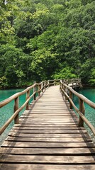 Obraz premium A peaceful wooden footbridge crossing a calm river in a lush green forest, river, tranquil, greenery