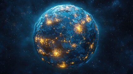 Fototapeta premium Networked planet with light nodes connecting continents, soft blue tones, neon light effects, stylized realism, aerial perspective 