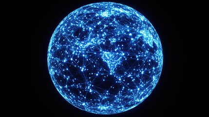 Obraz premium Networked planet with light nodes connecting continents, soft blue tones, neon light effects, stylized realism, aerial perspective 